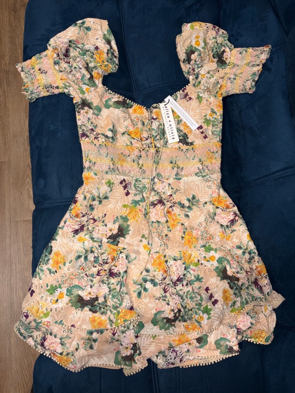 Alice + Olivia Peach Floral Smocked Mini Dress